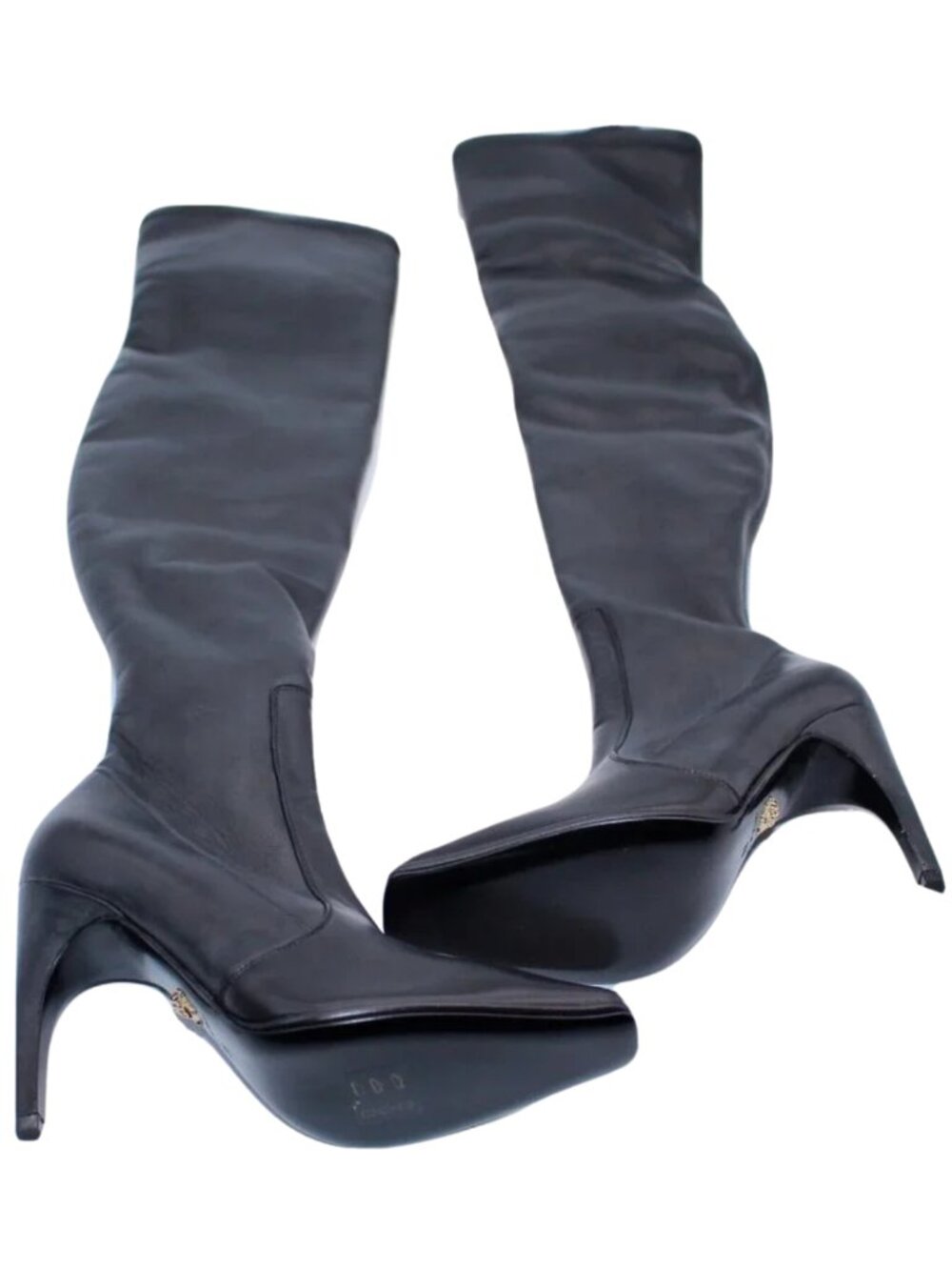 VERSACE OVER-THE-KNEE BLACK LEATHER HORSE RIDING STYLE Boots HIGH HEELS 37.5 7.5